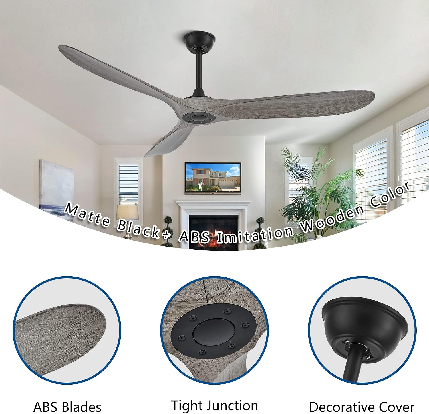 60 Inch Ceiling Fans with Remote Control,3 Imitation Wood ABS Blades, 6 Speeds, Noiseless Reversible DC Motor,Indoor/Outdoor Ceiling Fan for Farmhouse Living Room Dining Room Patio