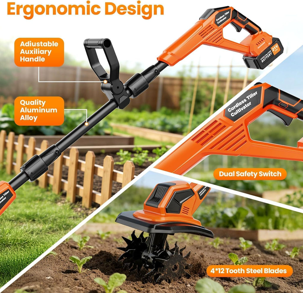 20V Cordlees Tiller Cultivator for Gardening, 400RPM Brushless Electric Garden Tiller Battery Powered((2*3.0Ah Battery&Charger), 9.5'Width 7'Depth, Garden Rototiller for Yard/Lawn/Soil Tiller (Orange)