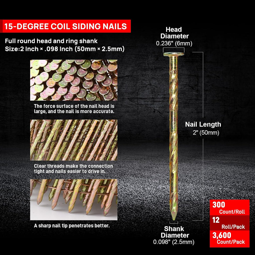 15 Gauge 1-1/4-Inch to 2-1/2-Inch Siding Nail Gun and 3600 Count 2' x .098 Coil Nails Set