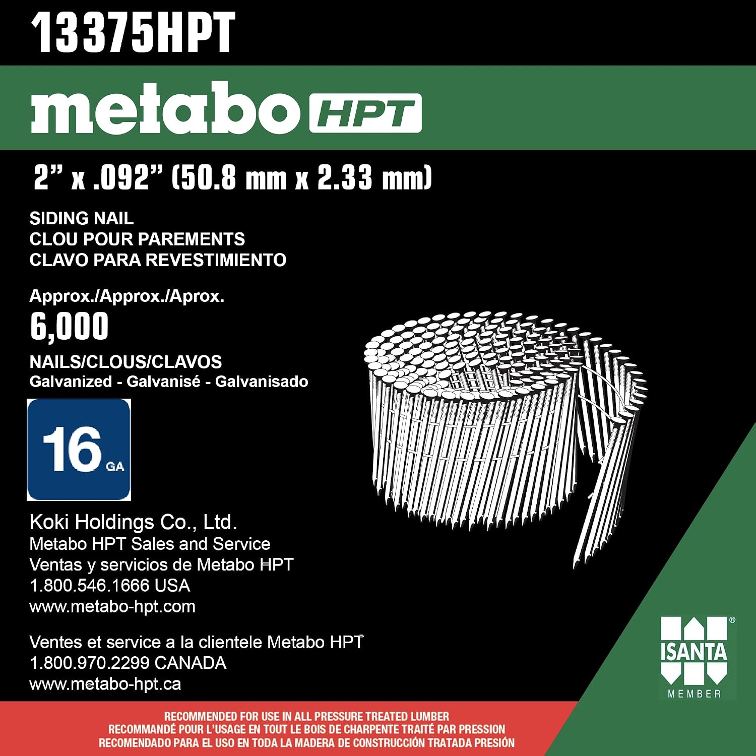 Metabo HPT 13375HPT Plastic Sheet Hot Dipped Galvanized Coil Fiber Cement Nails 2' x .092 SM | 6000 Count