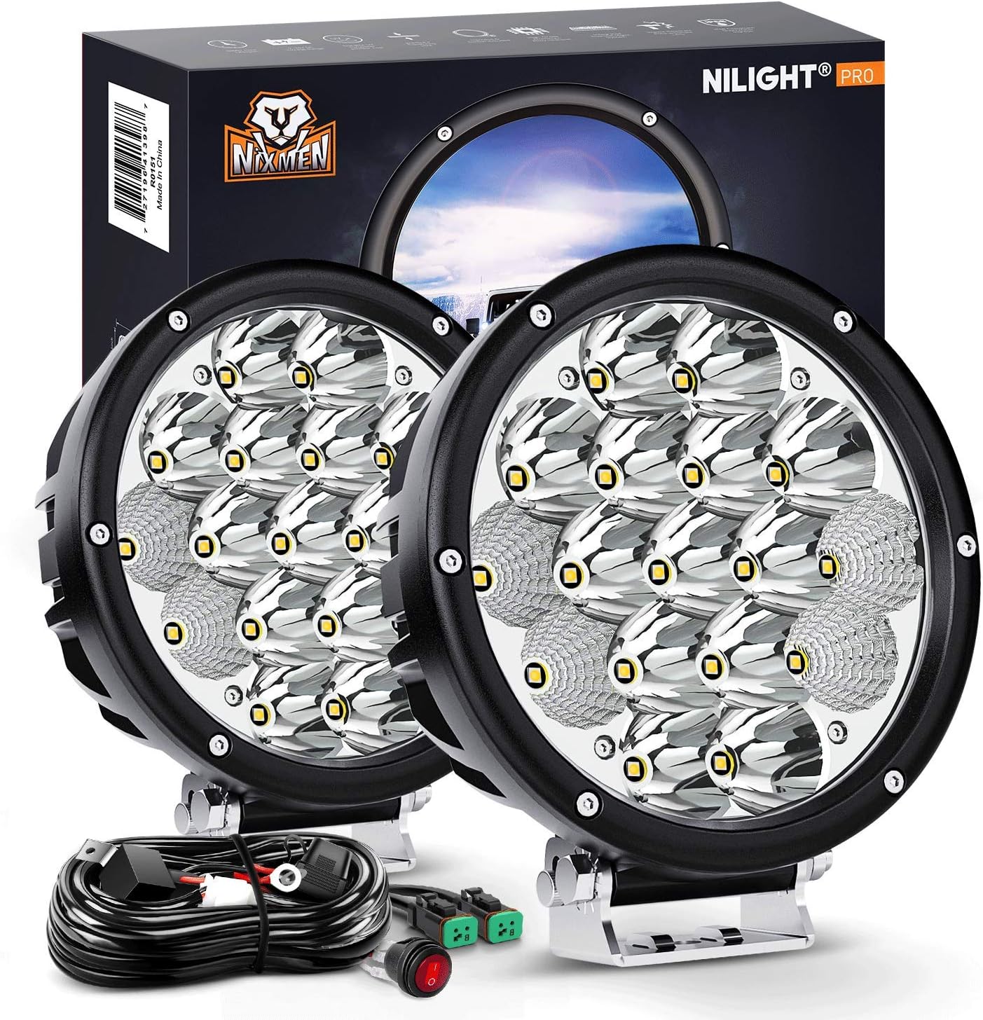 Nilight 2PCS 7Inch 85W LED Driving Light 10200LM IP68 Spot Flood Combo Round Built-in EMC Offroad Lights with 14AWG DT Connector Wiring Harness Kit for Truck ATV UTV SUV