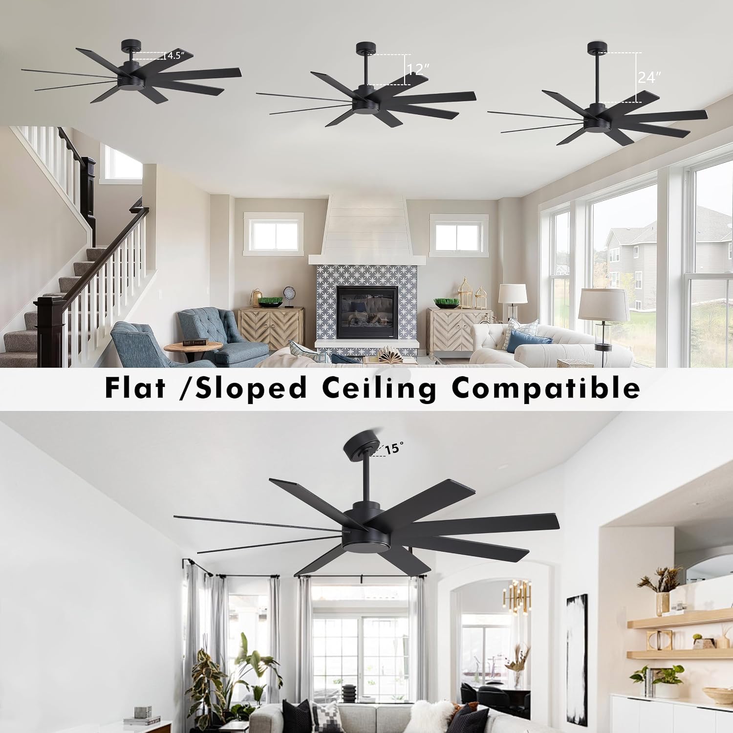 WINGBO 60' Large DC Ceiling Fans without Lights, 3 Downrods, 8 Plywood Blades, 6-Speeds Reversible DC Motor, Indoor Ceiling Fan No Lights for Bedroom Living Room Patio, Black