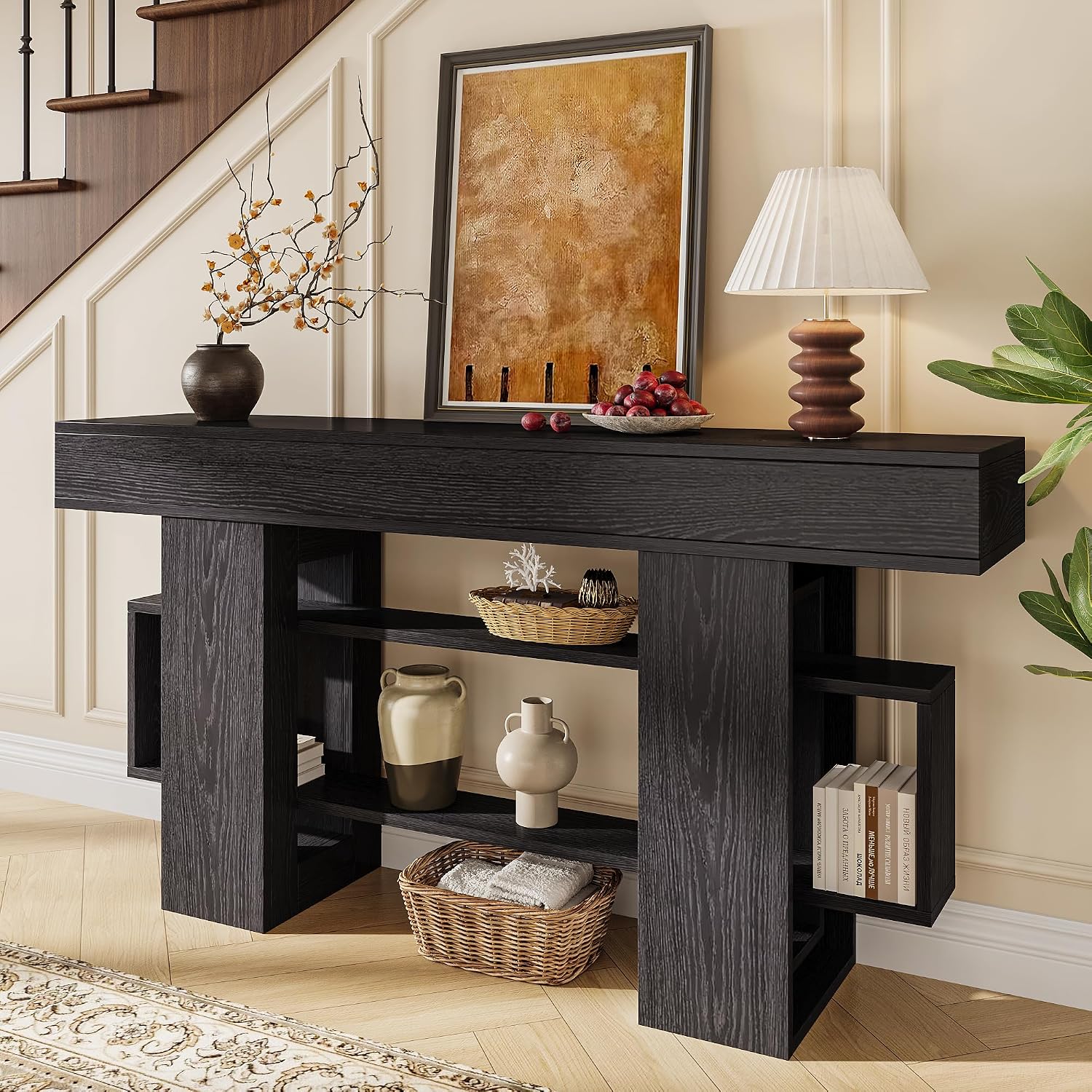 Einhomn 63 Inch Long Console Table for Entryway, Modern Wooden Sofa Table Behind Couch with 3-Tier Storage Shelf, Narrow Entry Accent Table for Living Room, Hallway, Foyer, Black