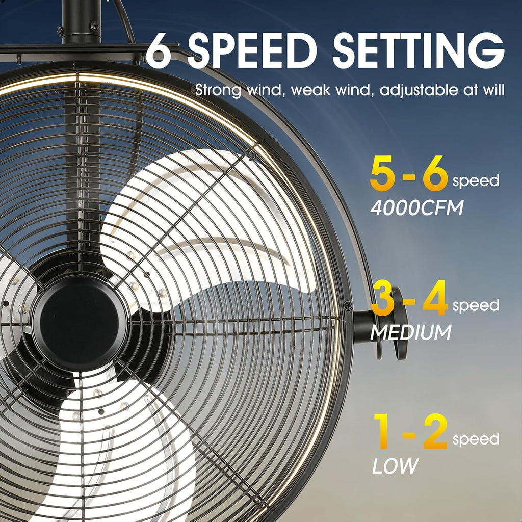 AHAWILL 16 Inch Wall Mount Fan with Lights,6-Speed High Velocity Wall Fan Dimmable Gazebo Fan,360°Adjustable Tilt Industrial Outdoor Fans for Patio,Garage,Workshop,Commercial,Black