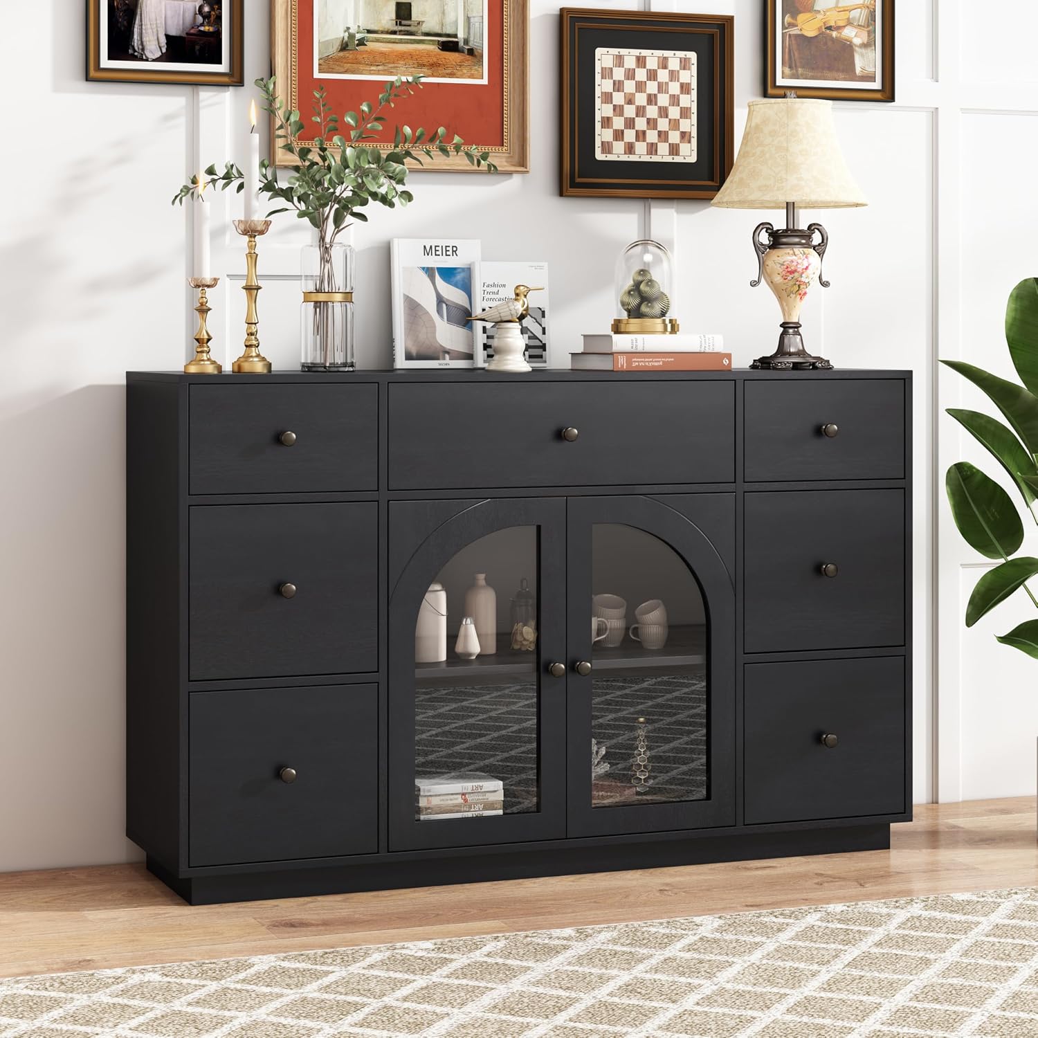 Christopher Knight Home Mia Modern Storage Cabinet with Doors and Drawers, Wooden Sideboard Cabinet with Adjustable Shelf, Freestanding Buffet Cabinet with Storage for Dining Room, Black