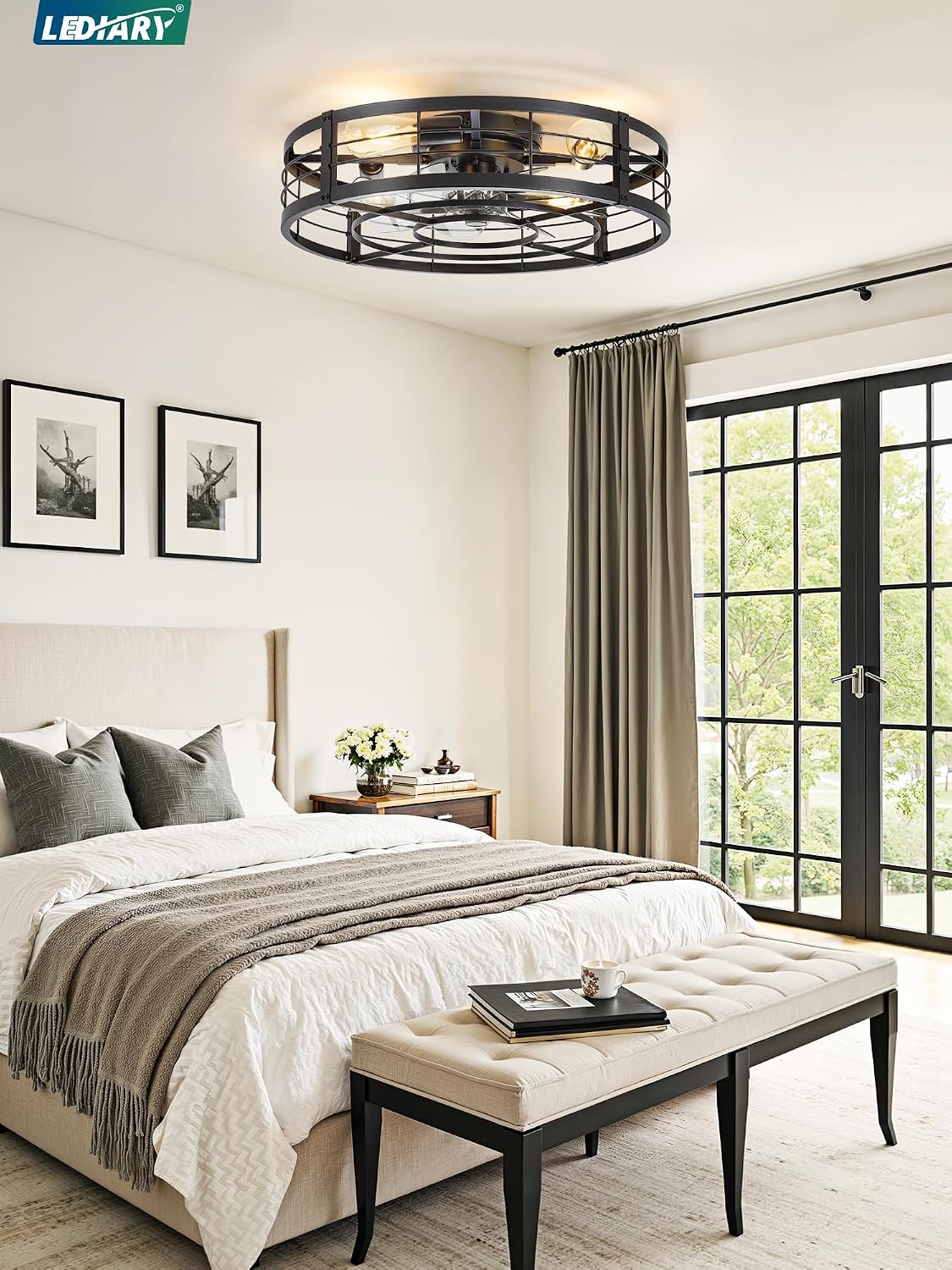 LEDIARY 23' Caged Ceiling Fan with Light and Remote, Low Profile Flush Mount Fandelier, Black Bladeless Enclosed Small Fan Lights Ceiling Fixtures, Rustic Farmhouse Style for Bedroom, Outdoor