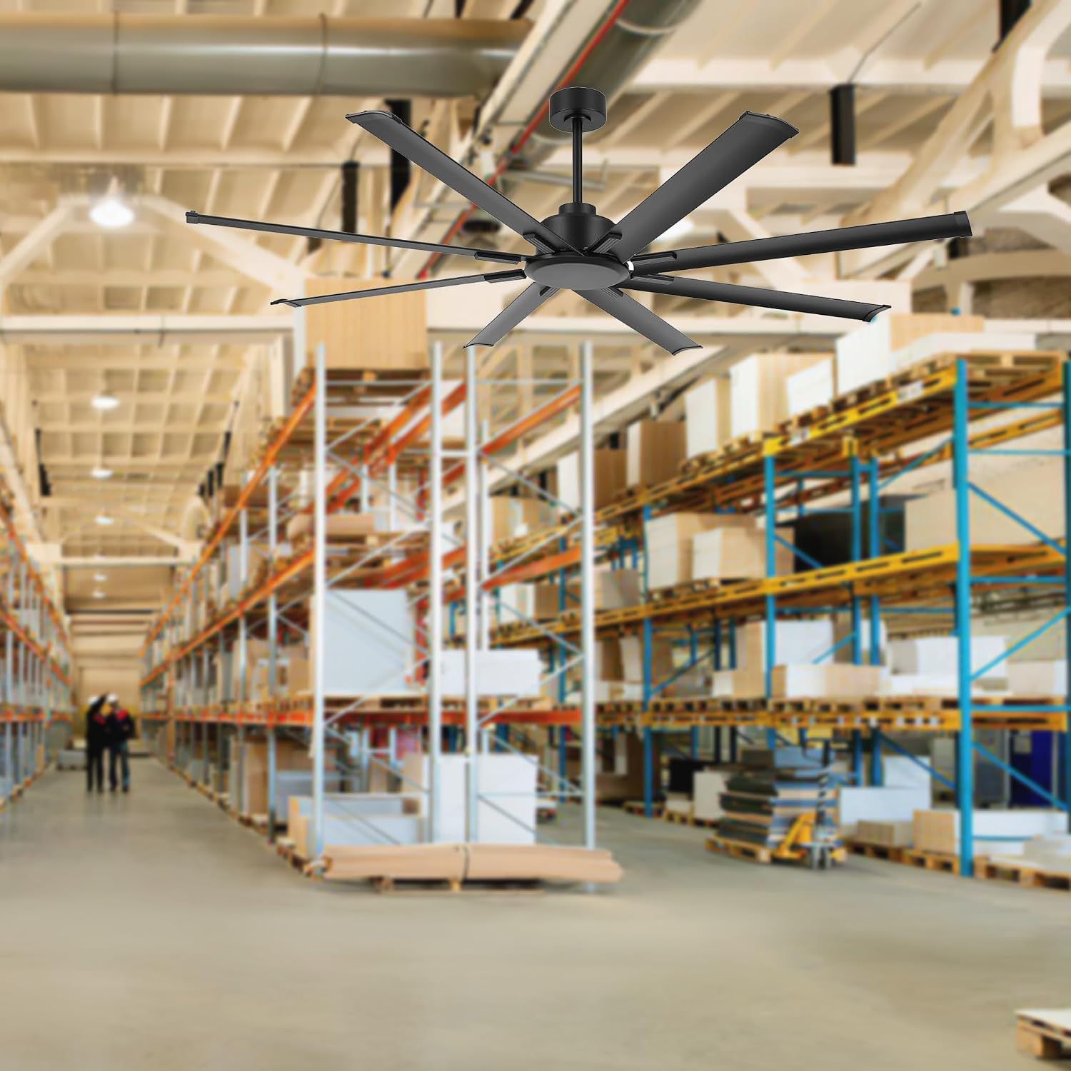 LEDLUX 72' Ceiling Fan No Light, Reversible DC Motor, 6 Speed Remote Control, Industrial 8 Aluminum Blades with 3 Downrods for Home or Commercial, Living Room/Warehouse Black