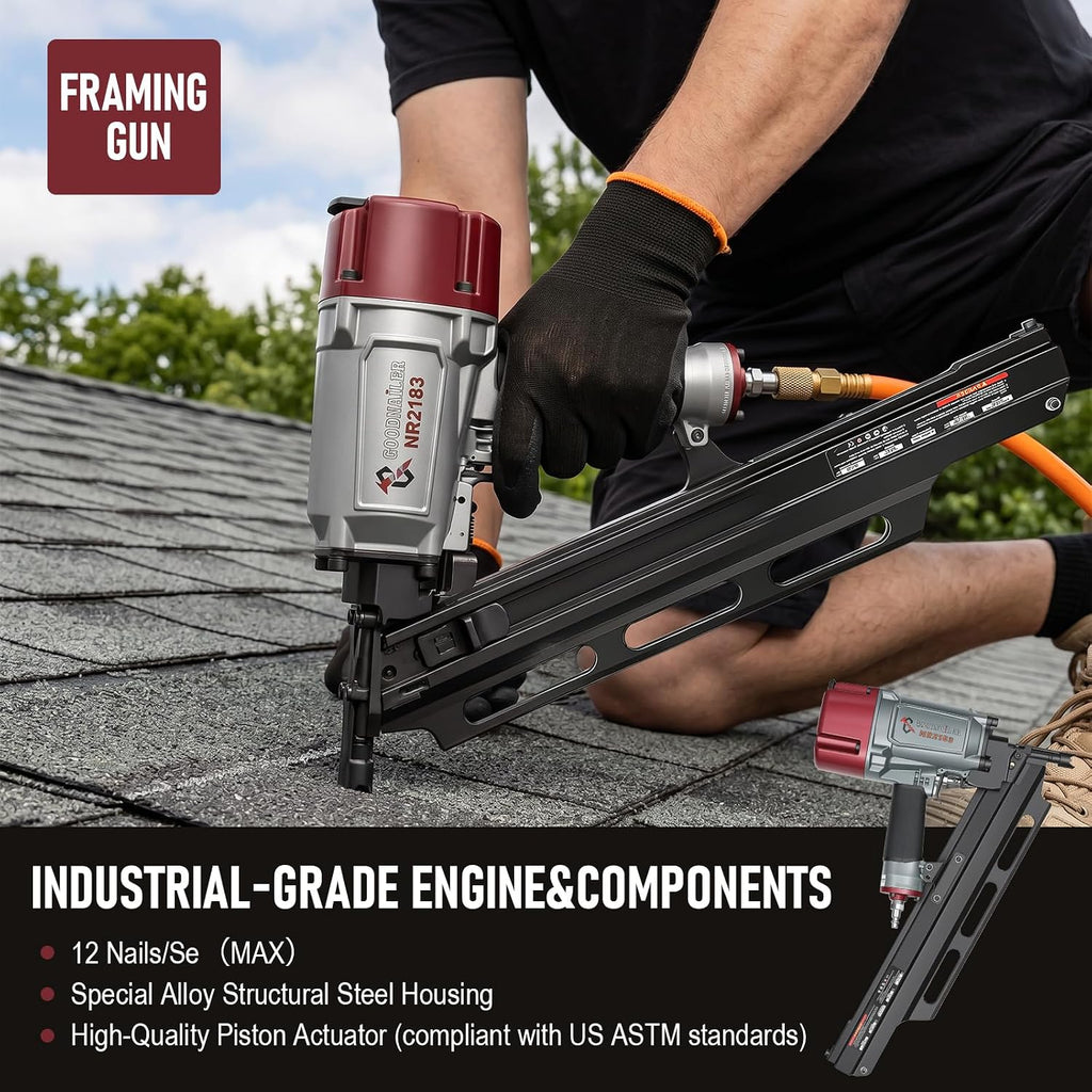 NR2183 Framing Nail Gun 21 Degree Plastic Strip Nailer 2-Inch up to 3-1/4-Inch Plastic Collated Full Head Framing Nailer Aluminum Magazine Light Weight Fast Speed