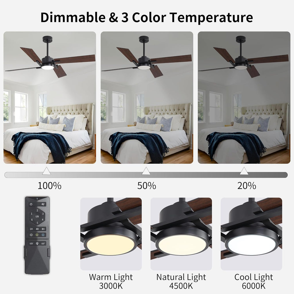 WINGBO 72 Inch Ceiling Fan with Light and Remote, 4 Plywood Blades, 6-Speed Reversible DC Motor, Dimmable, 3CCT, Farmhouse Ceiling Fan for Bedroom Living Room Kitchen, Black and Walnut/Shadowed Walnut