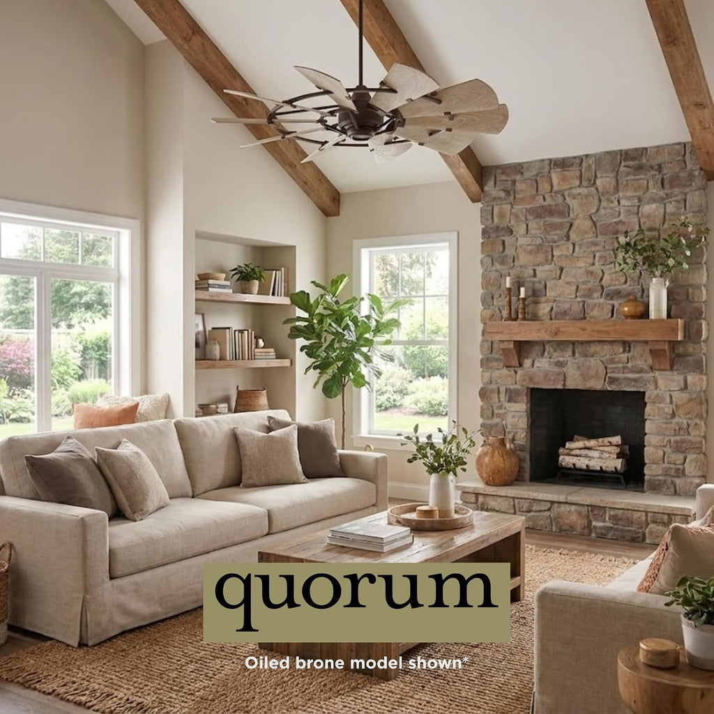 Quorum 195210-9 Windmill 52 Inch Ceiling Fan | 10 Blade Wagon Wheel Design | 6 Speed Reversible DC Motor | Remote Control Included | Damp Rated Fan | Weathered Oak Blades | Galvanized Finish