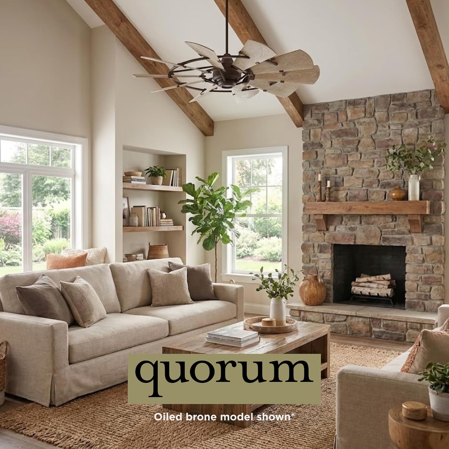 Quorum 195210-9 Windmill 52 Inch Ceiling Fan | 10 Blade Wagon Wheel Design | 6 Speed Reversible DC Motor | Remote Control Included | Damp Rated Fan | Weathered Oak Blades | Galvanized Finish