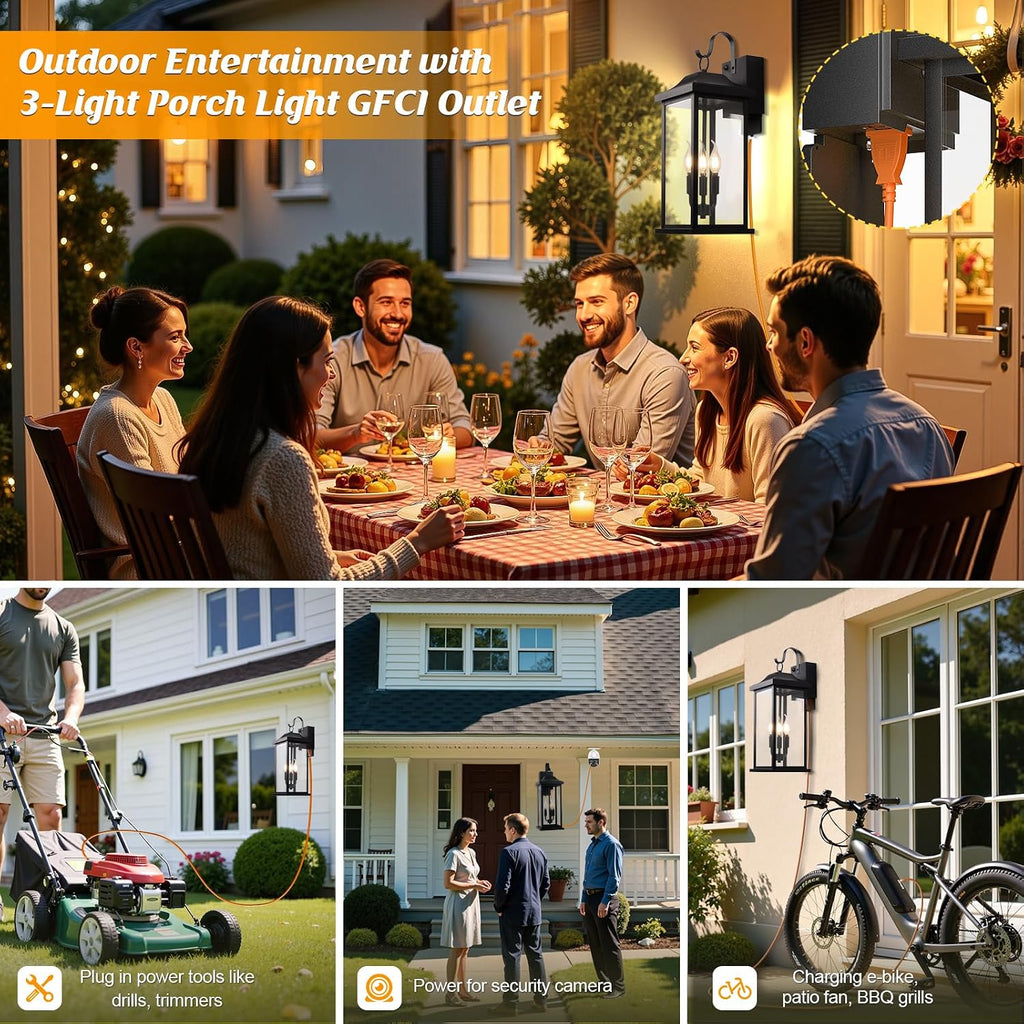 23 Inch GFCI Outlet Dusk to Dawn Outdoor Light for House, Photocell Exterior Lighting Fixture with Receptacles Extra Large Porch Light with Plug Matte Black Outdoor Wall Sconce Light Garage