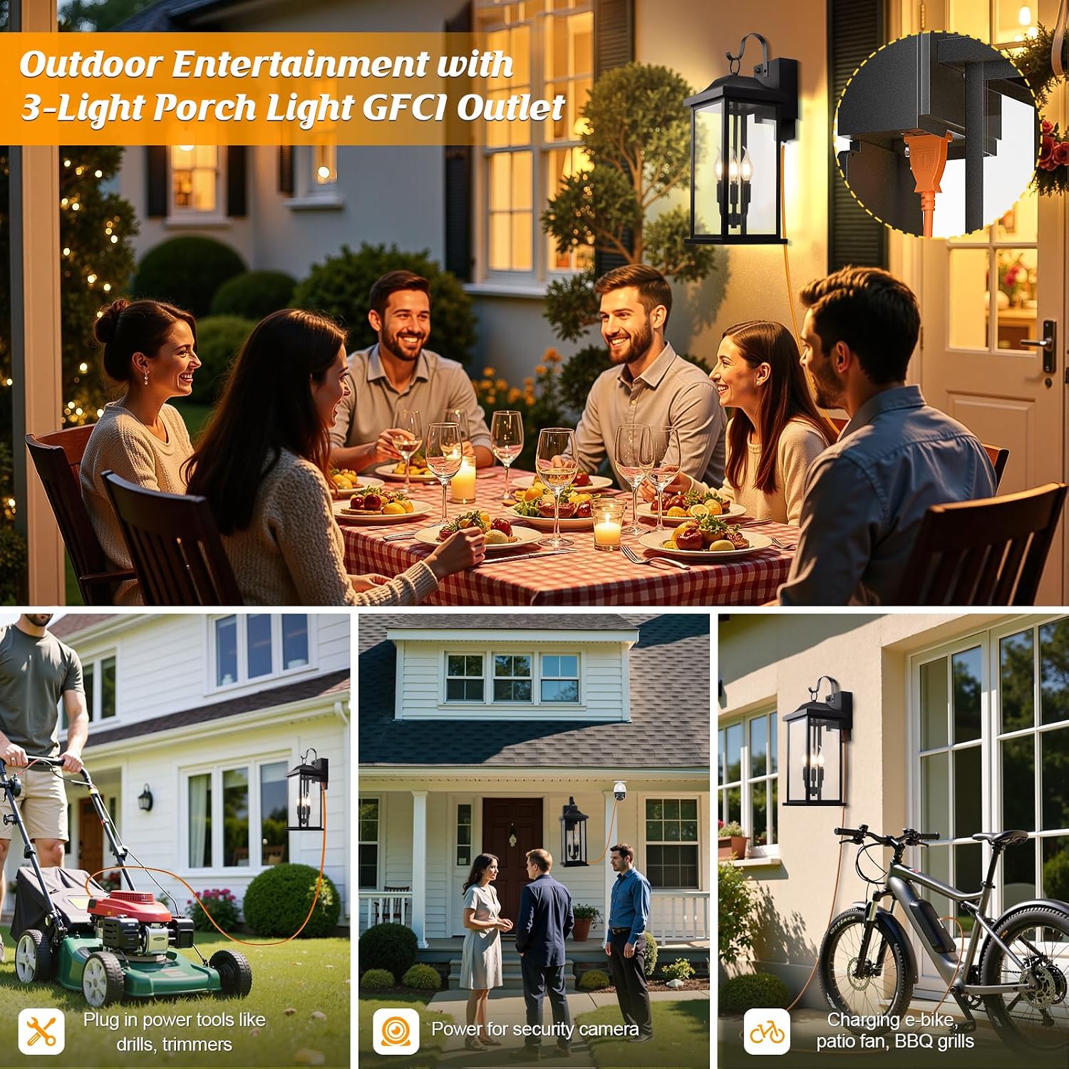 23 Inch GFCI Outlet Dusk to Dawn Outdoor Light for House, Photocell Exterior Lighting Fixture with Receptacles Extra Large Porch Light with Plug Matte Black Outdoor Wall Sconce Light Garage