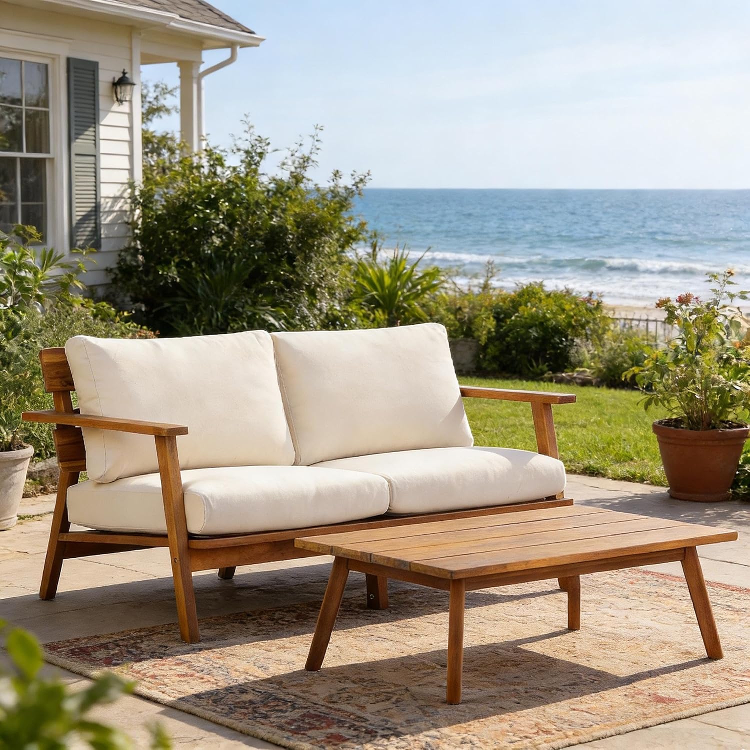 Christopher Knight Home Colmar 2 Pieces Conversation Set, Mid Century Patio Loveseat Sofa and Coffee Table, Outdoor Acacia Wood Loveseat and Table Set with Cushions in Slats Panels Design, Teak+ Beige