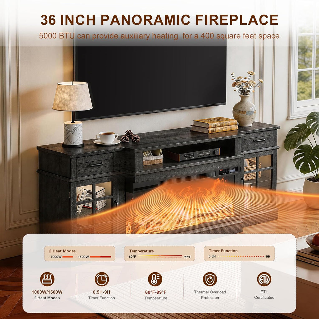 MXV 70' Fireplace TV Stand, 3-Sided Glass Fireplace and Modern Entertainment Center, Wooden Media Console with Glass Doors & Storage Drawers, LED Light, for Living Room, Black