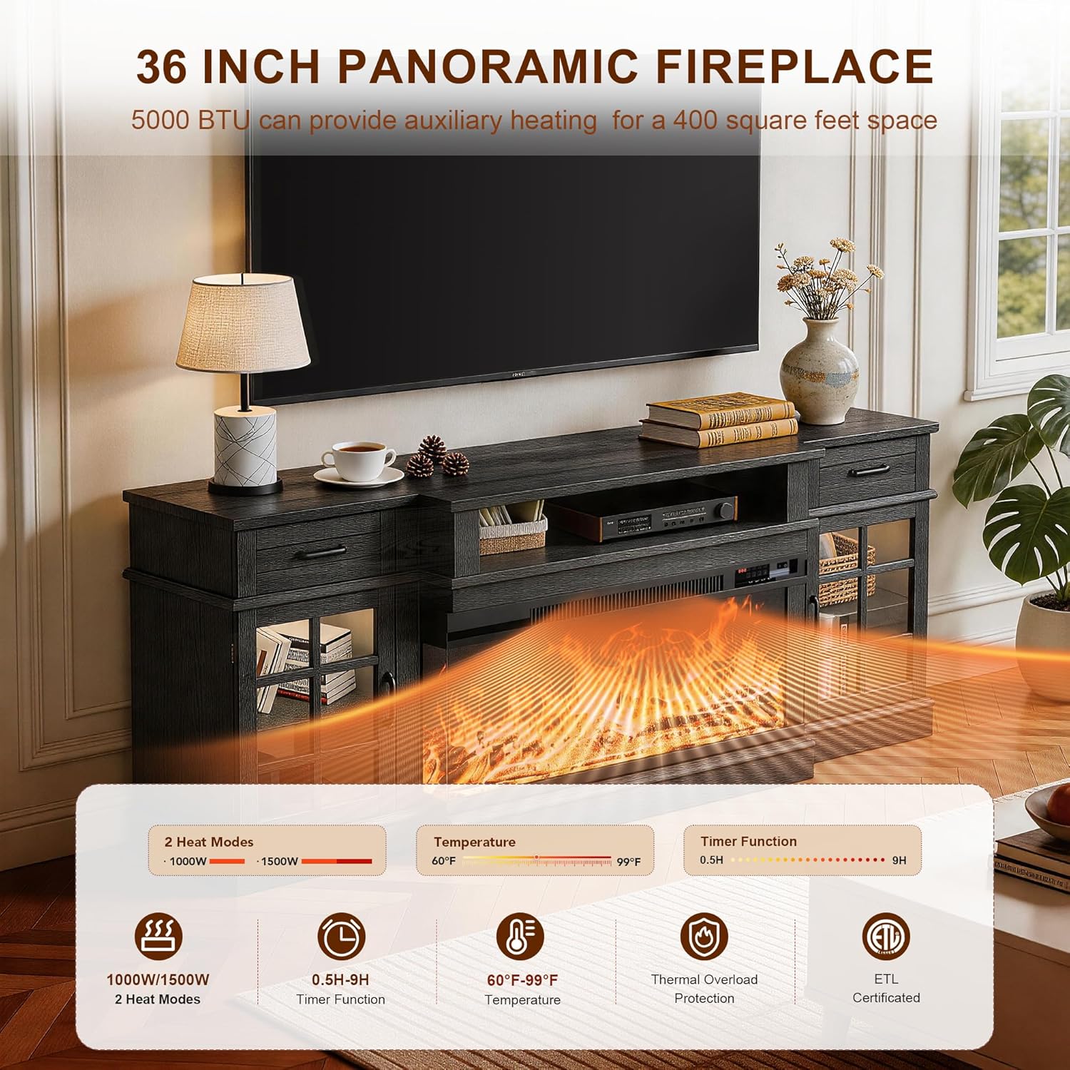 MXV 70' Fireplace TV Stand, 3-Sided Glass Fireplace and Modern Entertainment Center, Wooden Media Console with Glass Doors & Storage Drawers, LED Light, for Living Room, Black