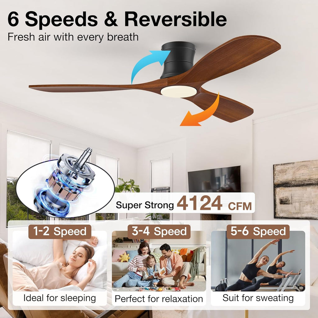 52 Inch Wood Ceiling Fans with Lights Remote,Low Profile Flush Mount Ceiling Fan with Light,Outdoor Indoor Modern Hugger Ceiling fan for Patio Bedroom,Walnut Brown& Black,3 Blades,6 Speeds,Ultra-Quiet