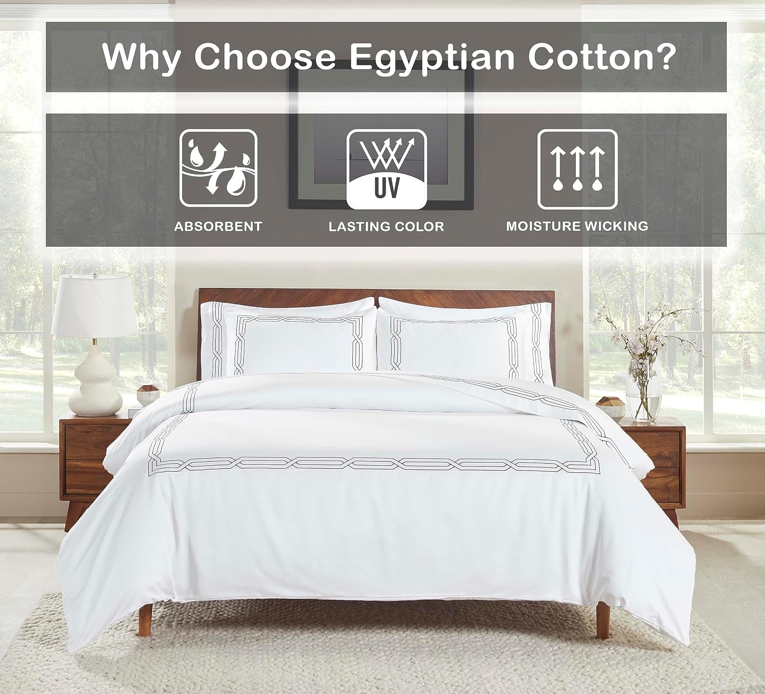Superior Egyptian Cotton 1200 Thread Count Embroidered 3-Piece Duvet Cover Set, 1 Duvet Cover, 2 Pillow Shams, Bedding Essentials Decor, Soft Comforter Cover, King/California King, White/Charcoal