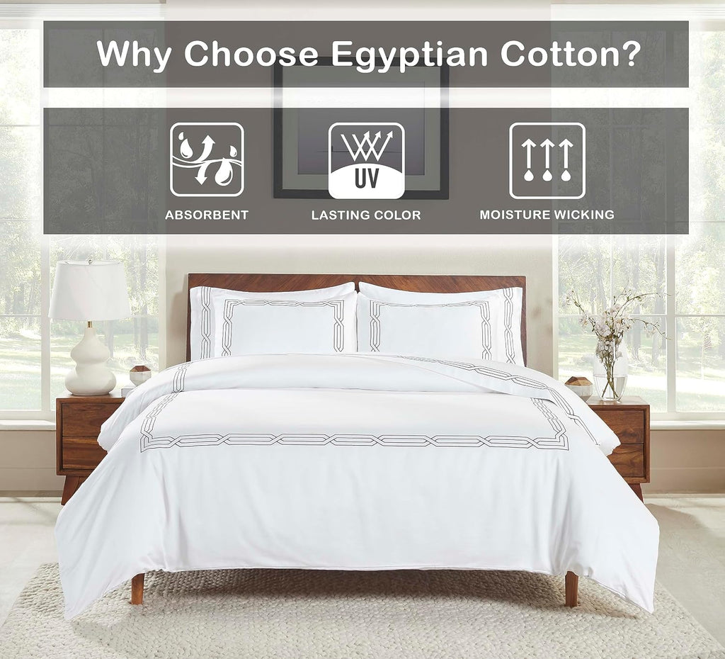 Superior Egyptian Cotton 1200 Thread Count Embroidered 3-Piece Duvet Cover Set, 1 Duvet Cover, 2 Pillow Shams, Bedding Essentials Decor, Soft Comforter Cover, Full/Queen, White/Navy Blue