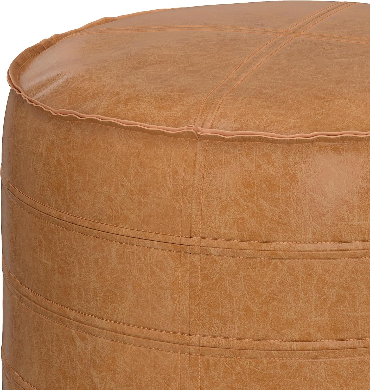 SIMPLIHOME Brody Round Pouf - 20 inch Wide Upholstered Vegan Leather Ottoman in Distressed Brown, Boho Footstool or Extra Seating for Living Room or Bedroom with Polystyrene Filling, Assembled