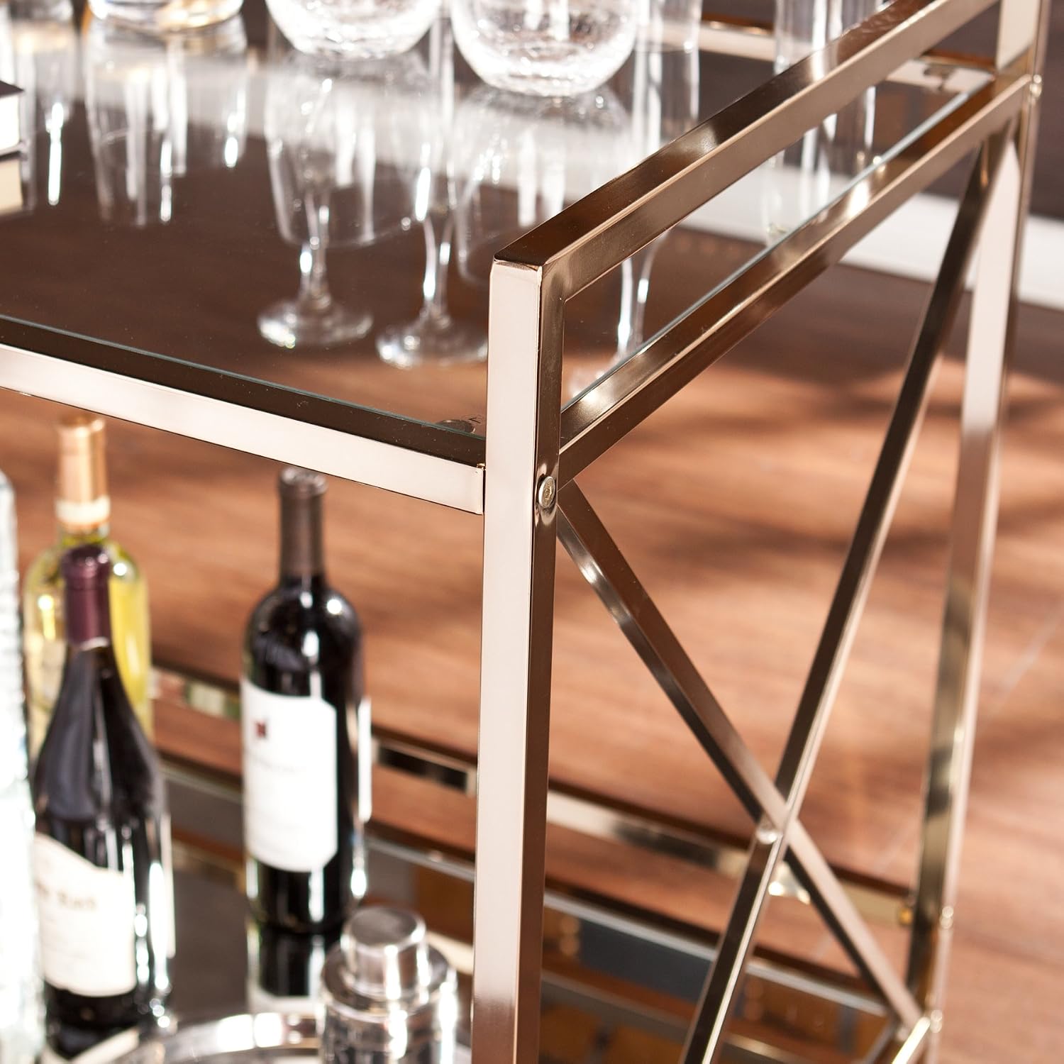 SEI Furniture - Maxton Bar Cart - Gold - Iron Metal & Mirrored Glass - Art Deco Design - Ideal for Living Rooms, Dining Rooms, Home Bars, 38.75'W x 23.3'D x 32.3'H (HZ2041)