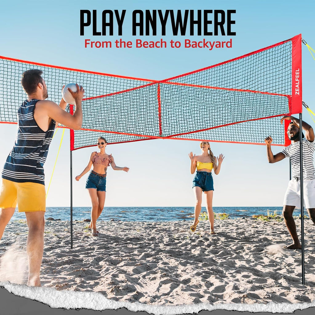 ZEALFEEL 4-Way Volleyball and Badminton Combo Net, 3 Heights Adjustable 4 Square Volleyball Game Set with Vollyball, Pump, Carry Bag, Hammer, 14 FT 4 Person Net for Backyard Beach Lawn
