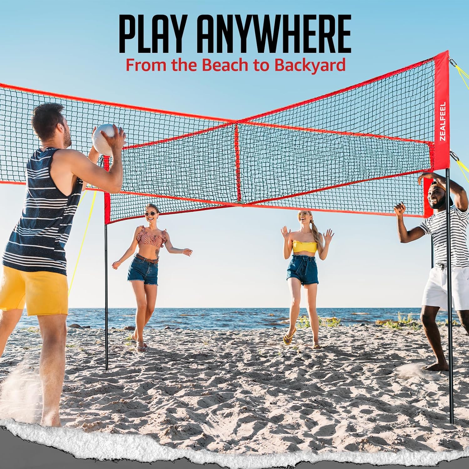 ZEALFEEL 4-Way Volleyball and Badminton Combo Net, 3 Heights Adjustable 4 Square Volleyball Game Set with Vollyball, Pump, Carry Bag, Hammer, 14 FT 4 Person Net for Backyard Beach Lawn