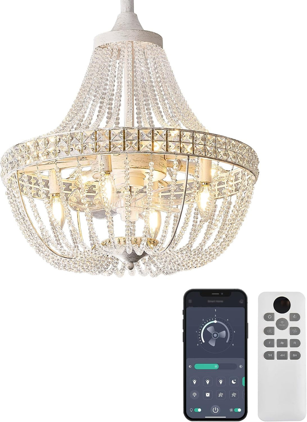 20' Modern Crystal Chandelier Ceiling Fan with Lights, Remote & App Control, 6 Speed, 8-Lights French Empire Fandelier, for Bedroom, Dining Room (Retro White)