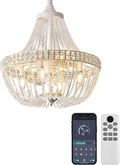 20' Modern Crystal Chandelier Ceiling Fan with Lights, Remote & App Control, 6 Speed, 8-Lights French Empire Fandelier, for Bedroom, Dining Room (Retro White)