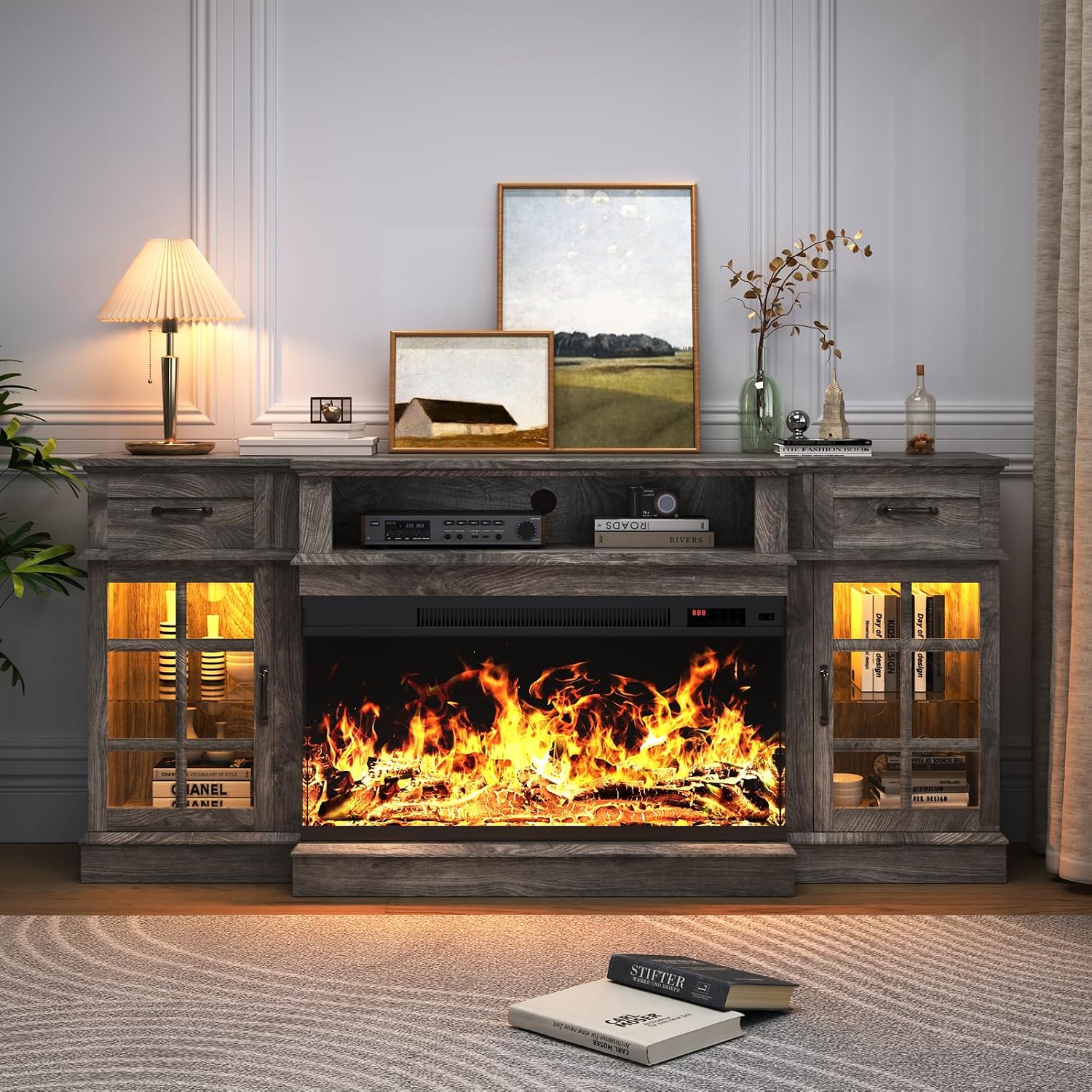 MXV 70' Fireplace TV Stand, 3-Sided Glass Fireplace and Modern Entertainment Center, Wooden Media Console with Glass Doors & Storage Drawers, LED Light, for Living Room, Grey