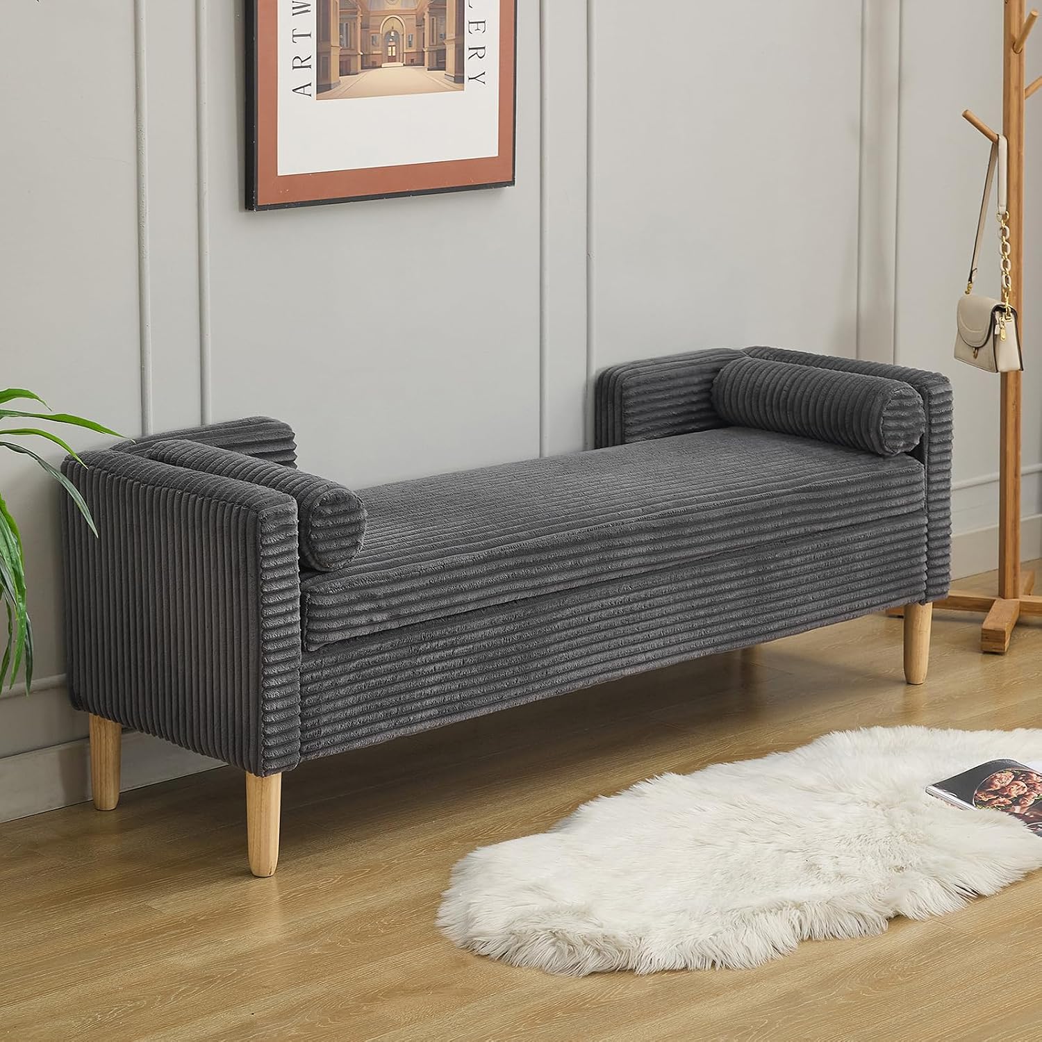 NIOIIKIT 65' Large Storage Ottoman Bench with 2 Pillows, Corduroy Upholstered Entryway Bench with Wood Leg, End of Bed Bench with Straight Armrest, Window Bench for Bedroom, Entryway (Dark Grey)