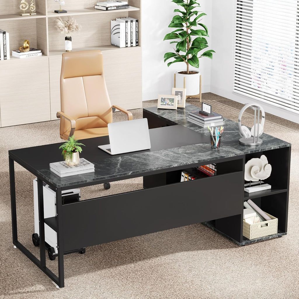 Little Tree 71-inch Executive Desk with File Cabinet, L-Shaped Computer Desk Office Desk with Drawers and Storage Shelves, Business Furniture Desk Workstation for Home Office, Balck