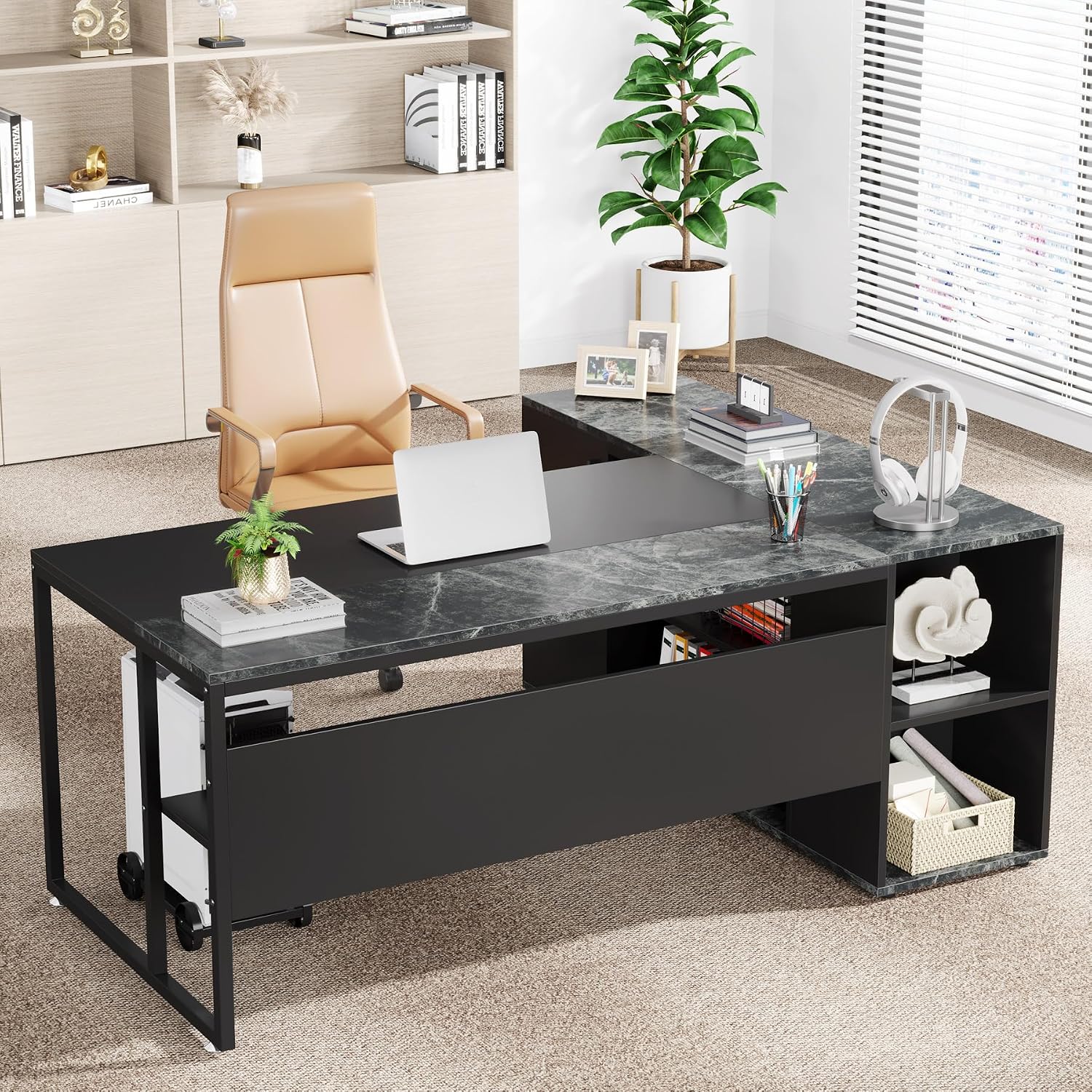 Little Tree 71-inch Executive Desk with File Cabinet, L-Shaped Computer Desk Office Desk with Drawers and Storage Shelves, Business Furniture Desk Workstation for Home Office, Balck