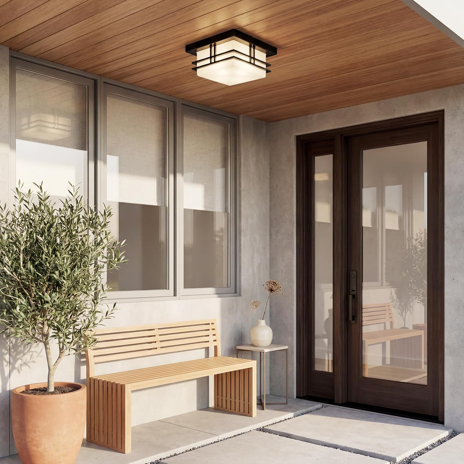 Kichler Tremillo 11.5' Outdoor Semi Flush Light in Black, 2-Light Exterior Ceiling Light with Satin Etched Cased Opal Glass, (11.5' W x 6.5' H), 49206BK