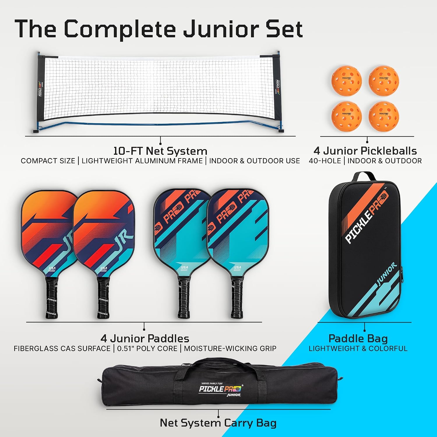 PicklePro Junior - Lab Tested 6+ Complete Pickleball Set with 10ft Net – Includes 4 Junior Paddles, Balls & Bag – USAP Approved Beginner Pickleball Kit