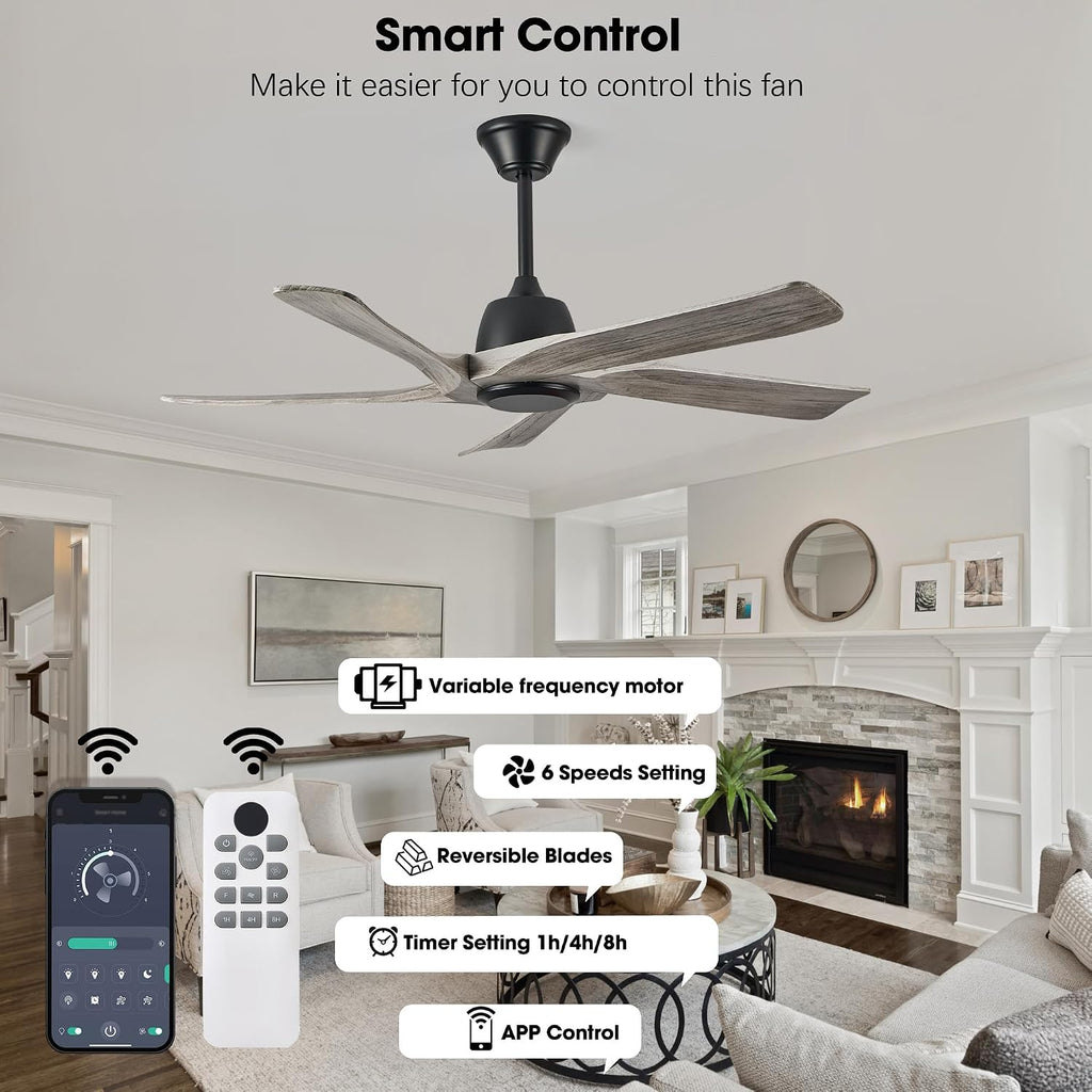 52' DC Ceiling Fan without Light, 5 Solid Wood Fan Blades, Remote and APP Control, 6-speed Reversible, Noiseless Ceiling Fan No Lights for Bedroom, Living Room, Office, Greywood