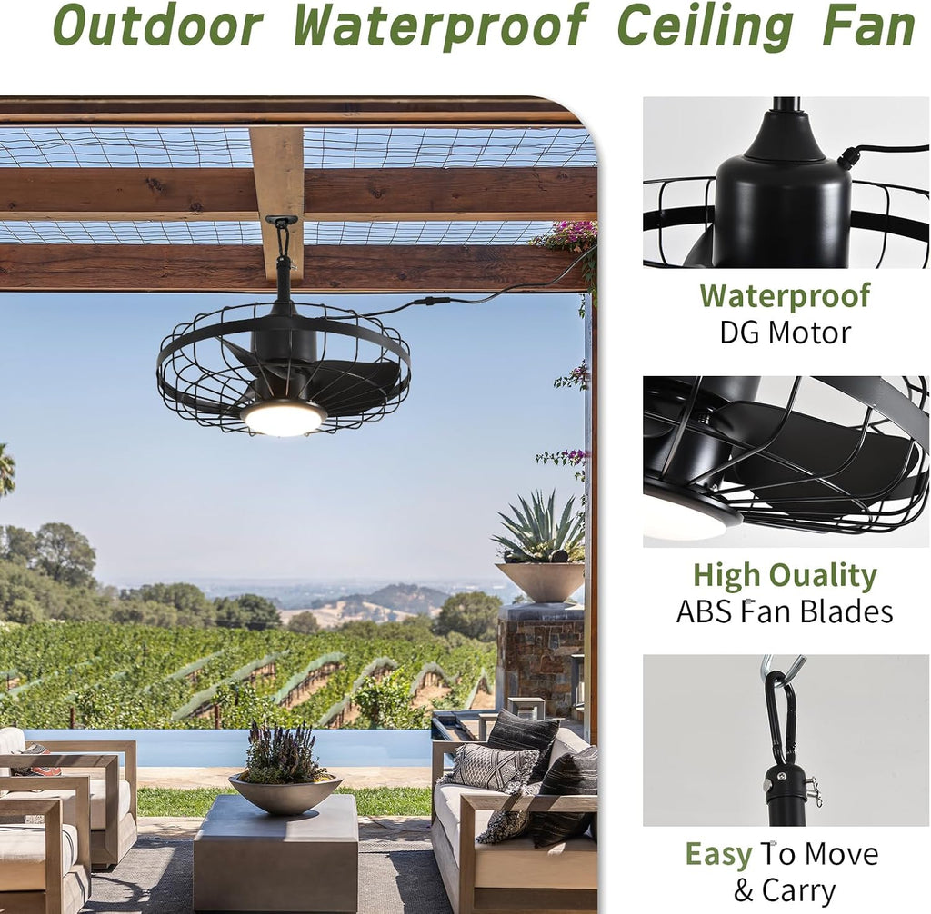 20' Outdoor Ceiling Fan with Lights,Waterproof Hanging Fan with Remote Control, Plug in Caged Ceiling Fan with 6-Speeds(Black)