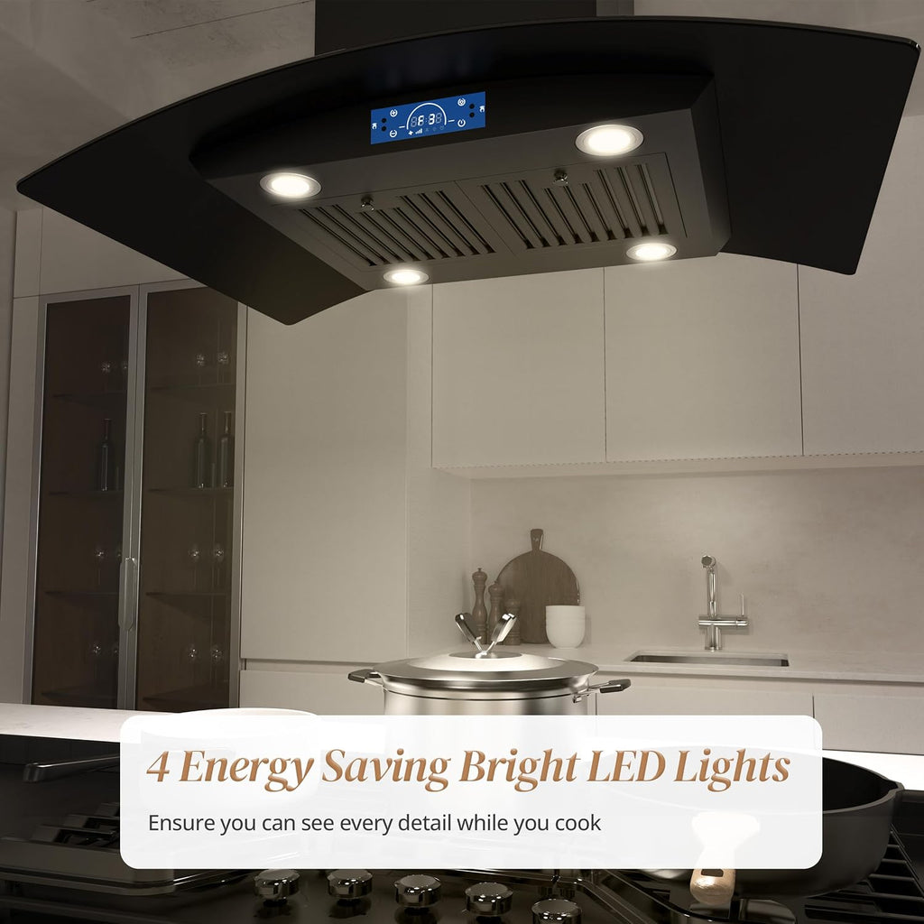 FIREGAS Black Island Range Hood 36 Inch, 700 CFM Ductless/Ducted Ceiling Mount Range Hood with 3 Speed Fan, Gesture, Remote & Touch Control, LED Light Vent Hood for Kitchen