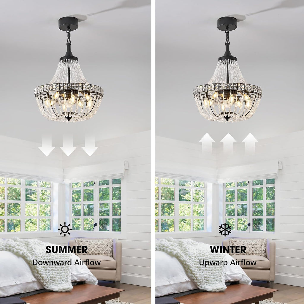 20 inch Crystal Chandelier with Ceiling Fan, Remote & App Control, Reversible DC Motor, French Empire Fandelier for Dining Room, Bedroom, Kitchen