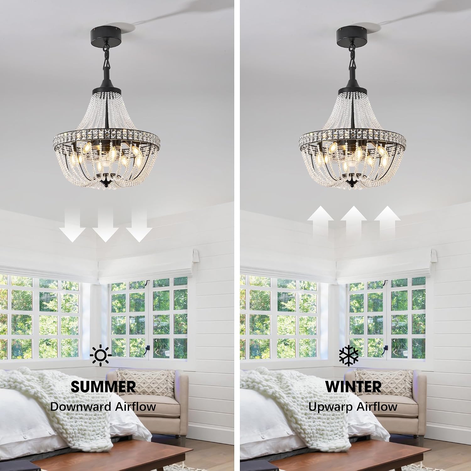 20 inch Crystal Chandelier with Ceiling Fan, Remote & App Control, Reversible DC Motor, French Empire Fandelier for Dining Room, Bedroom, Kitchen