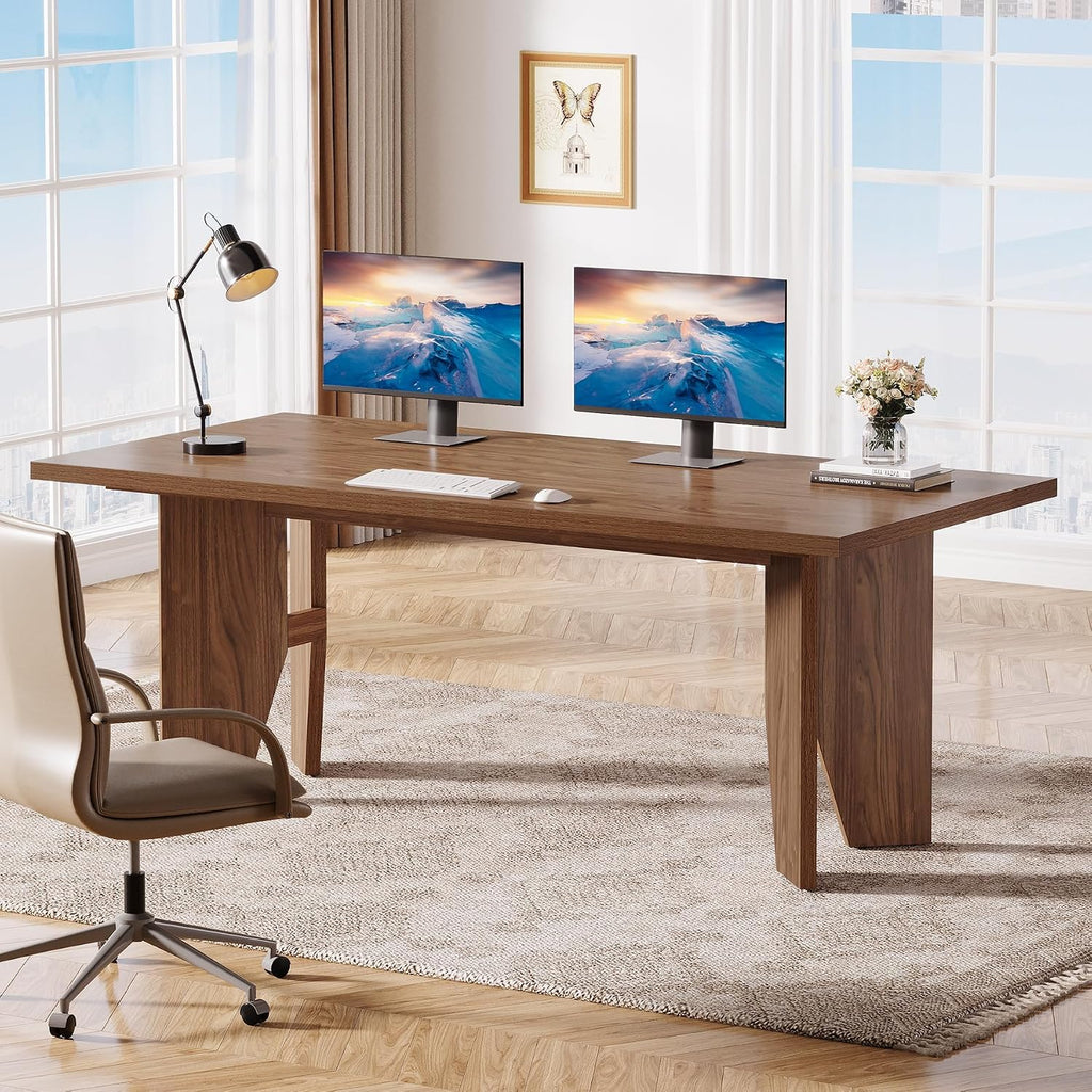 Tribesigns 63' Executive Desk, Mid-Century Modern Office Computer Desk with Sturdy Legs, Large Wooden Workstation Writing Table, Farmhouse Business Furniture for Home Office, Brown