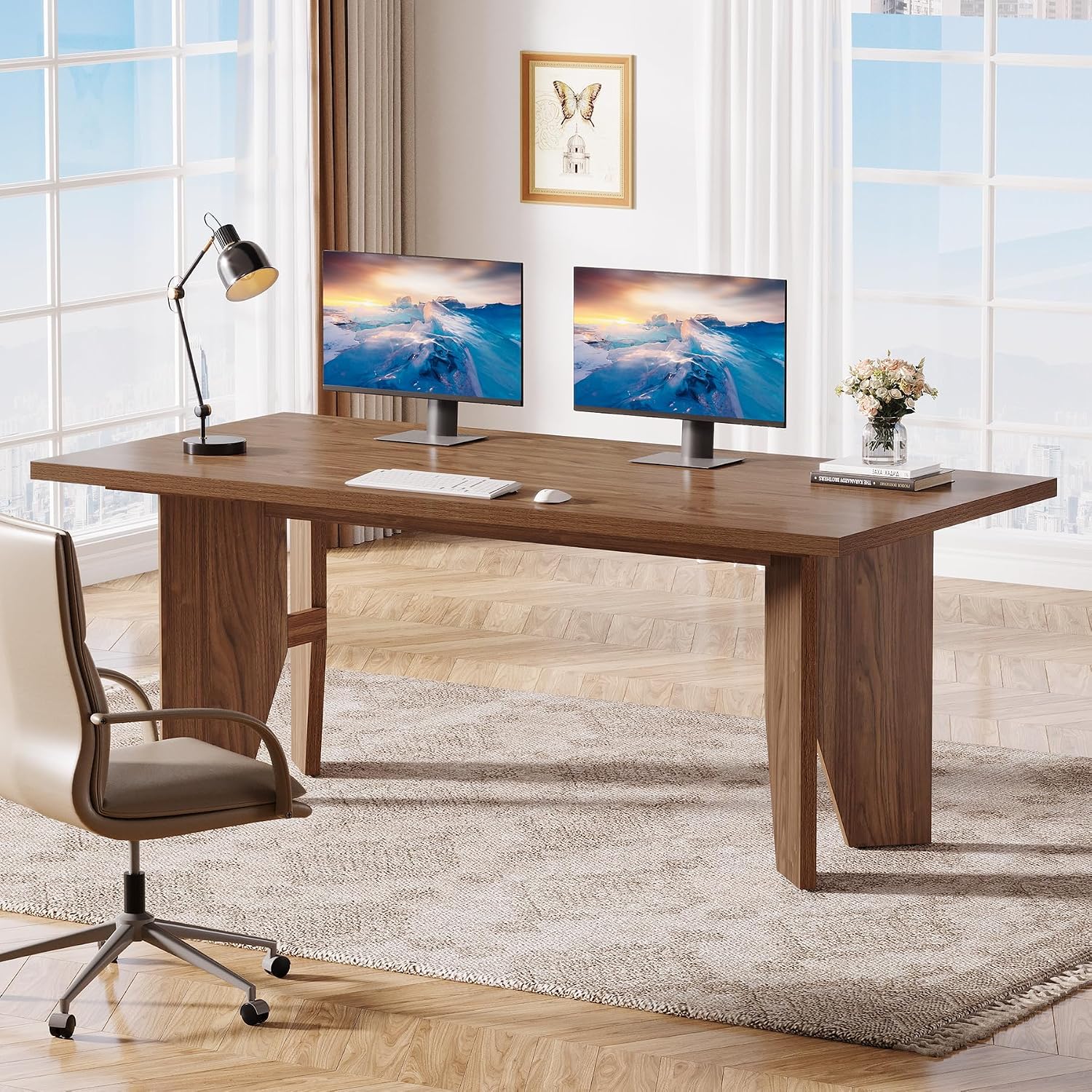 Tribesigns 63' Executive Desk, Mid-Century Modern Office Computer Desk with Sturdy Legs, Large Wooden Workstation Writing Table, Farmhouse Business Furniture for Home Office, Brown