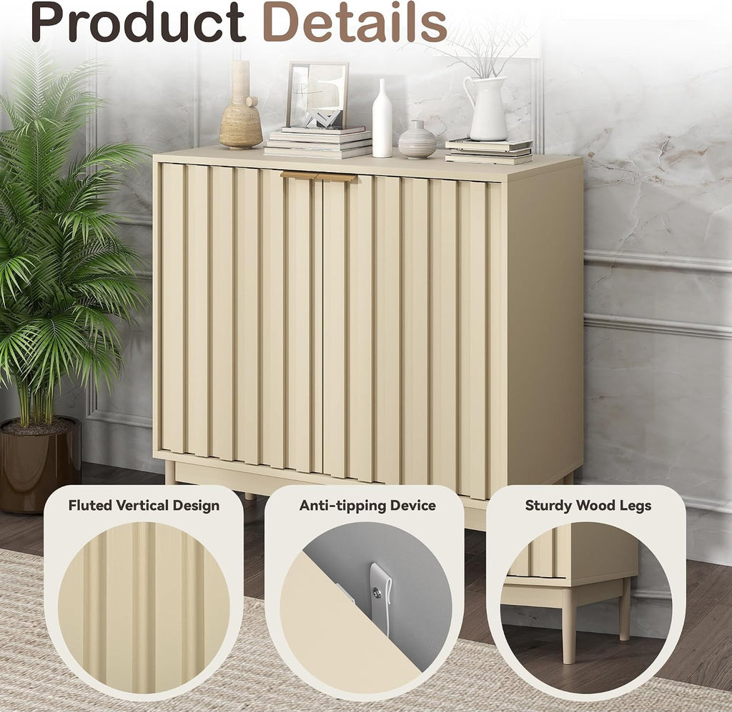 Otterease Fluted Sideboard with Storage, Buffet Cabinet Sideboard with Door, Kitchen Buffet Storage Accent Cabinets with Adjustable Shelves for Living Room, Entry, Hallway, Beige