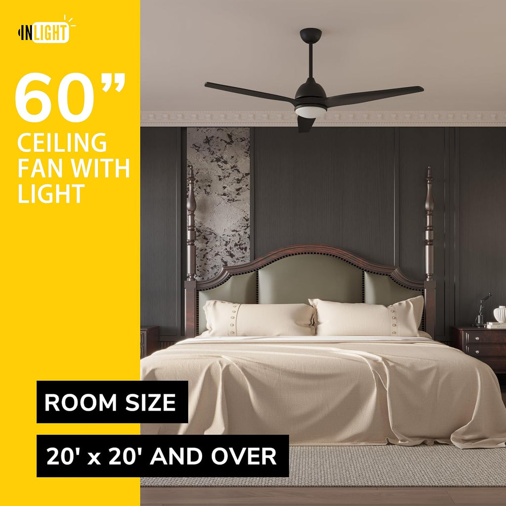 Inlight 60 IN. Integrated LED Indoor and Outdoor Black AC Motor Ceiling Fan with Light and Remote, IN-0714-3-BK