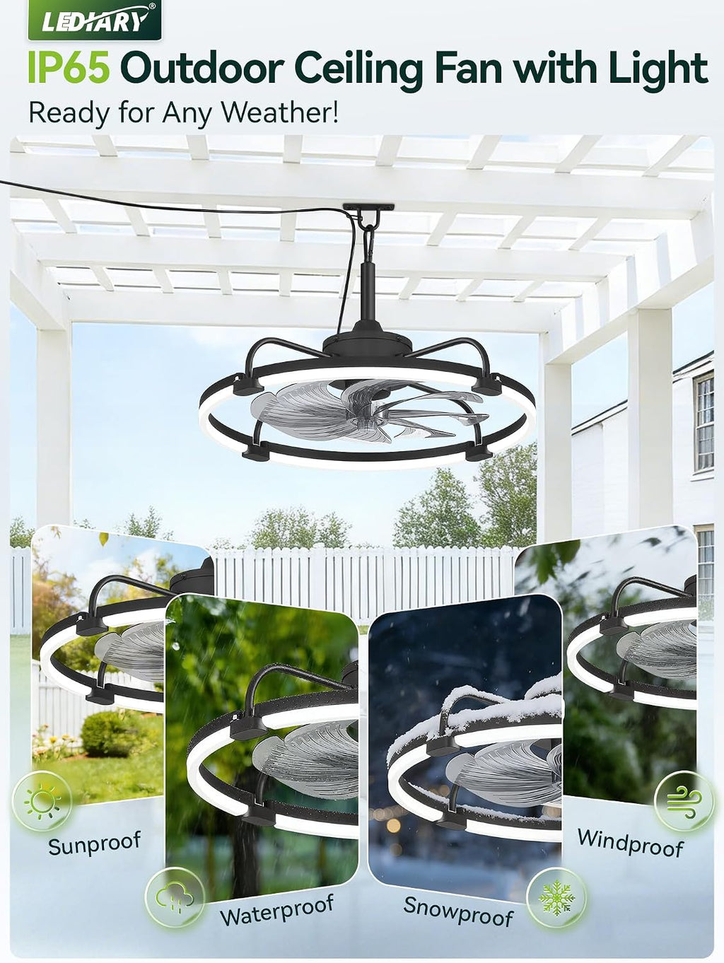 LEDIARY 24' Outdoor Ceiling Fans with Light for Patios, IP65 Waterproof Gazebo Fan, Plug-in Hanging Fan Remote&APP Control, 3CCT Dimmable, 6-Speeds, Caged Ceiling Fan for Gazebo,Patio,Pergola,Porch