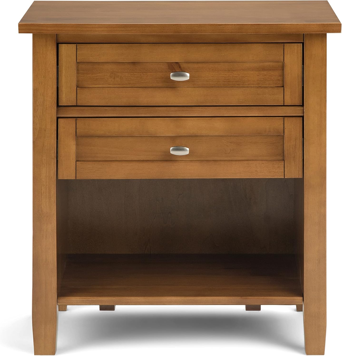 SIMPLIHOME Warm Shaker Bedside Table - 24 inch Wide Solid Wood Nightstand in Light Golden Brown, Transitional Bedroom Side or End Table with 2 Drawers, Open Shelf Storage and Brushed Nickel Hardware