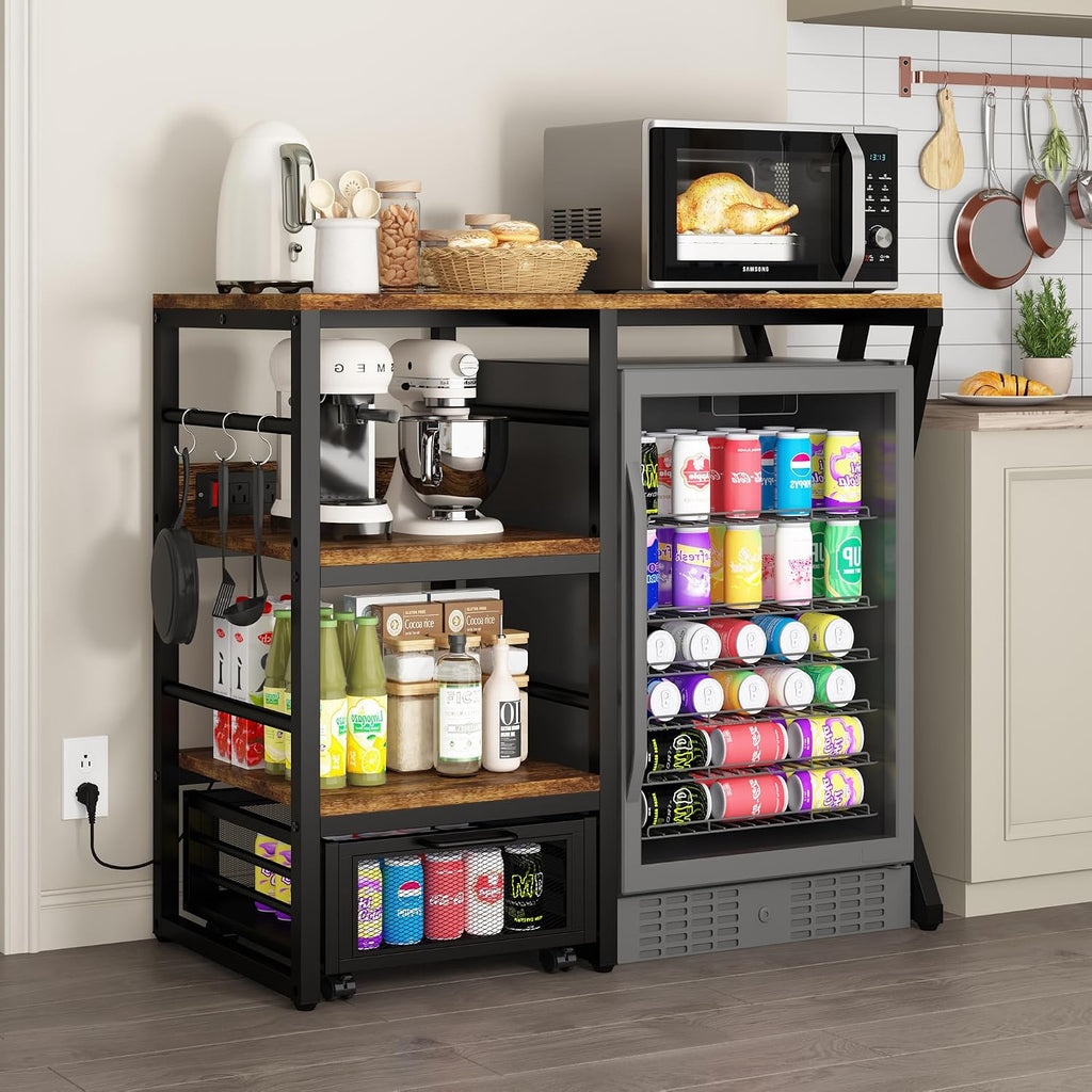 Beverage & Wine Fridge Stand with Movable Basket, Coffee Bar Cabinet with Mini Fridge Space and Power Outlet, Kitchen Storage Organizer with Worktop, Microwave Oven Stand Rack for Home, Dorm, Office