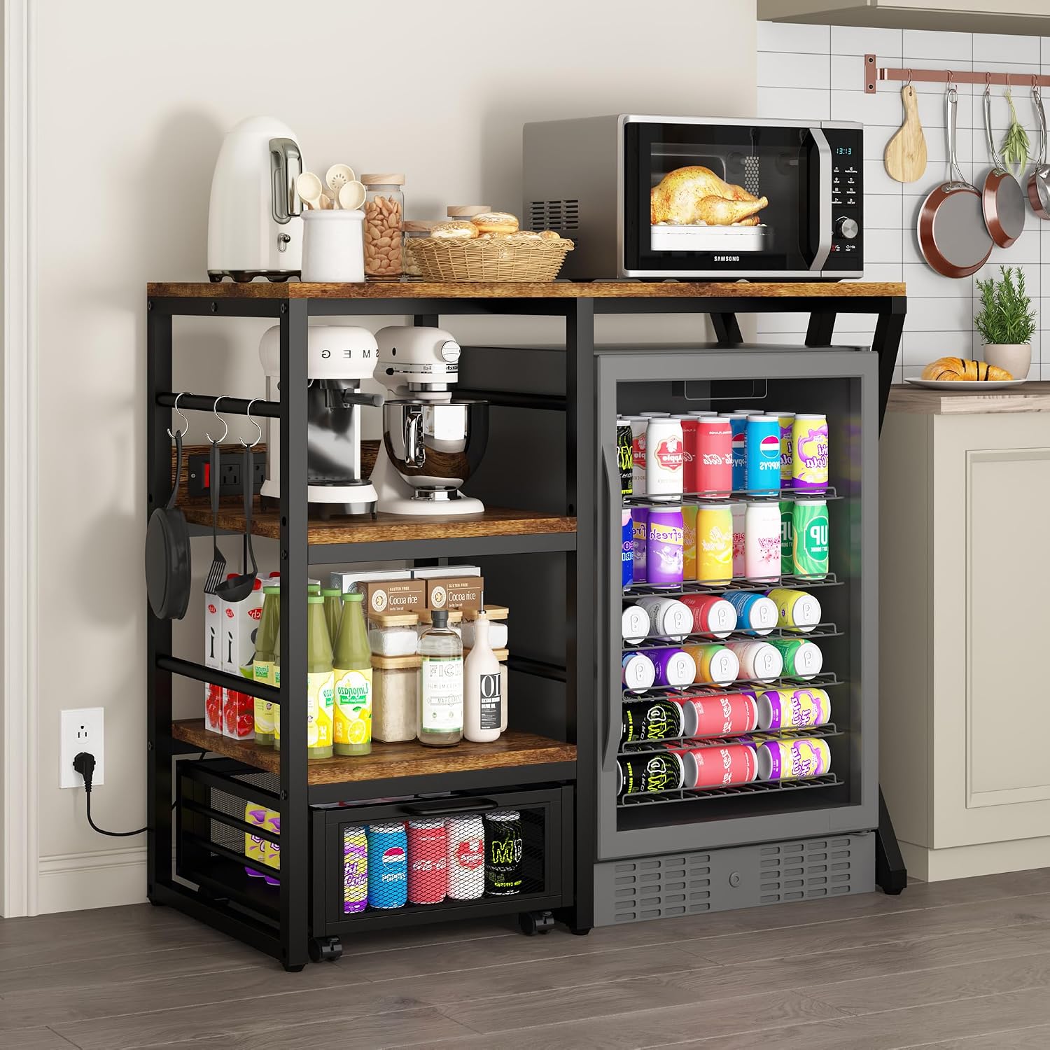 Beverage & Wine Fridge Stand with Movable Basket, Coffee Bar Cabinet with Mini Fridge Space and Power Outlet, Kitchen Storage Organizer with Worktop, Microwave Oven Stand Rack for Home, Dorm, Office