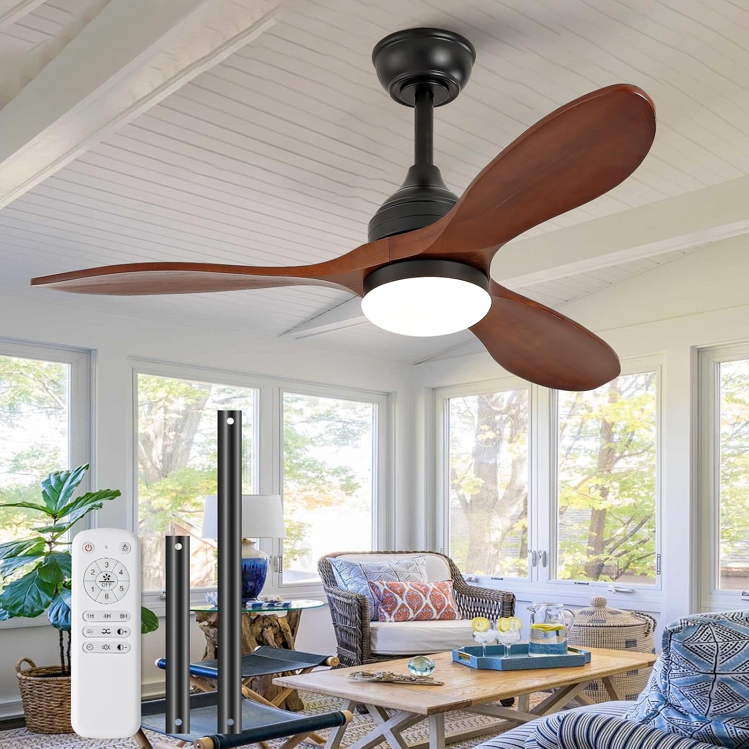 OKDNEG 42 Inch Ceiling Fans with Lights and Remote, 3 Wood Fan Blades Ceiling Fan,3CCT Dimmable,Timer,Quiet DC Motor,6 Speed,Indoor Outdoor Ceiling Fan for Offices Farmhouse Gazebo Patio