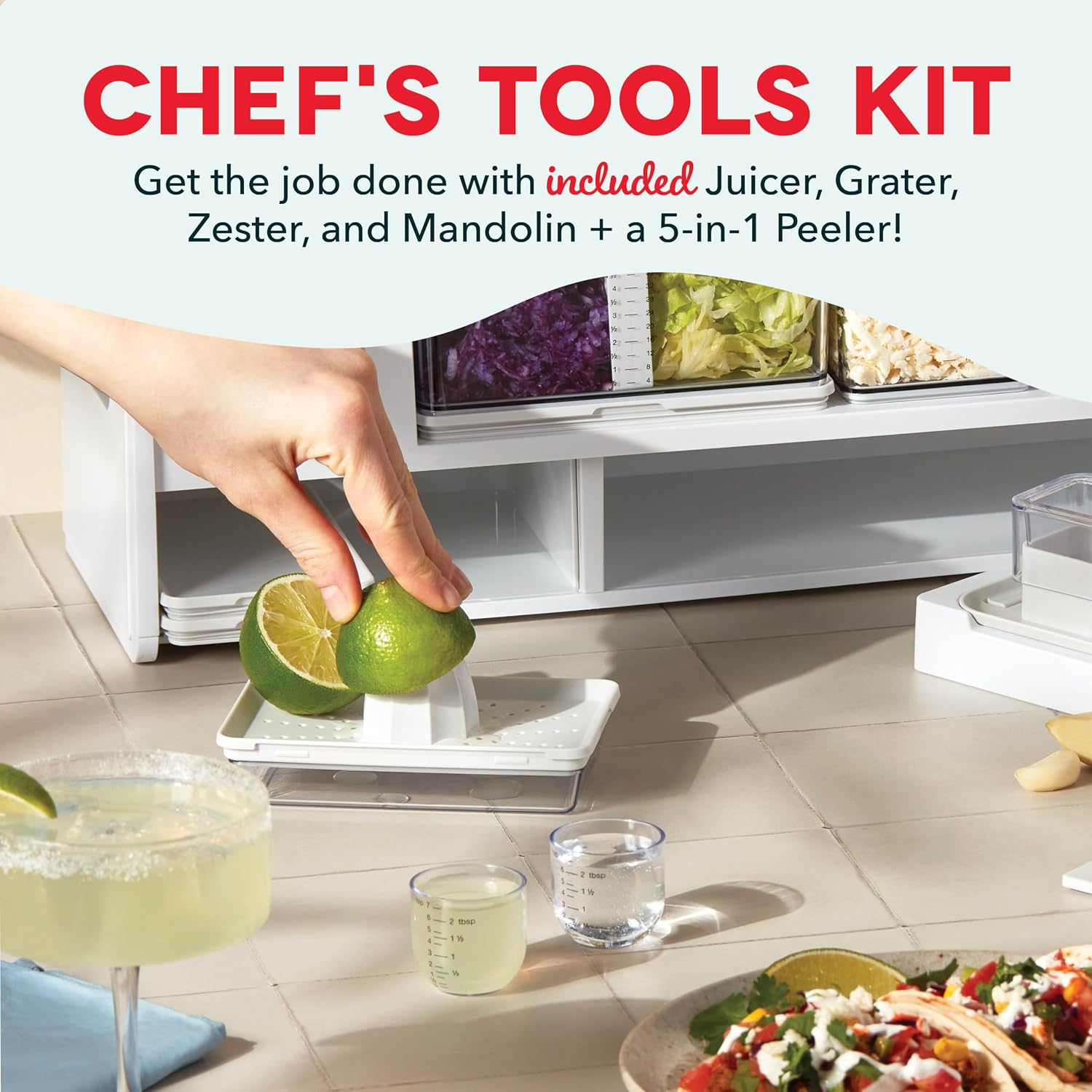 Prepdeck Gen 2 Recipe Prep & Storage Station - 8 Essential Tools + Deluxe Cutting Board, 14 Plastic Containers + Super-Seal Lids, Removable Trash Compartments, Tablet Stand Included - White Stone